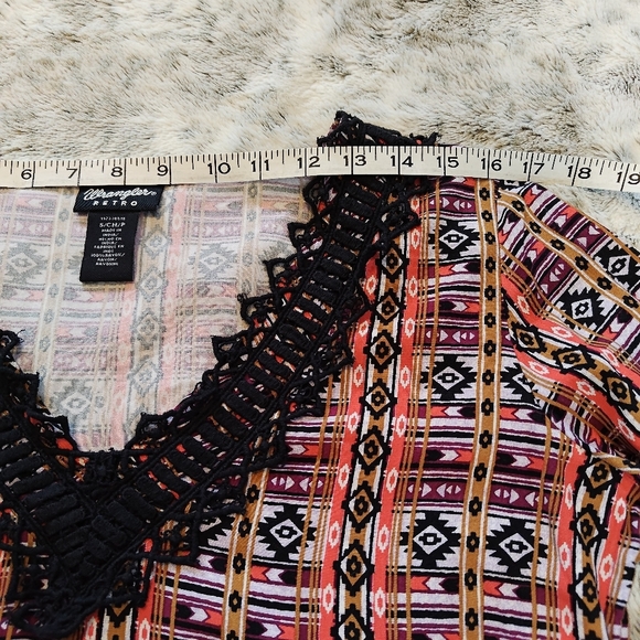 Wrangler Geometric Multicolor Patterned Black Lace V-neck Long Sleeve Top Smal - Picture 10 of 13